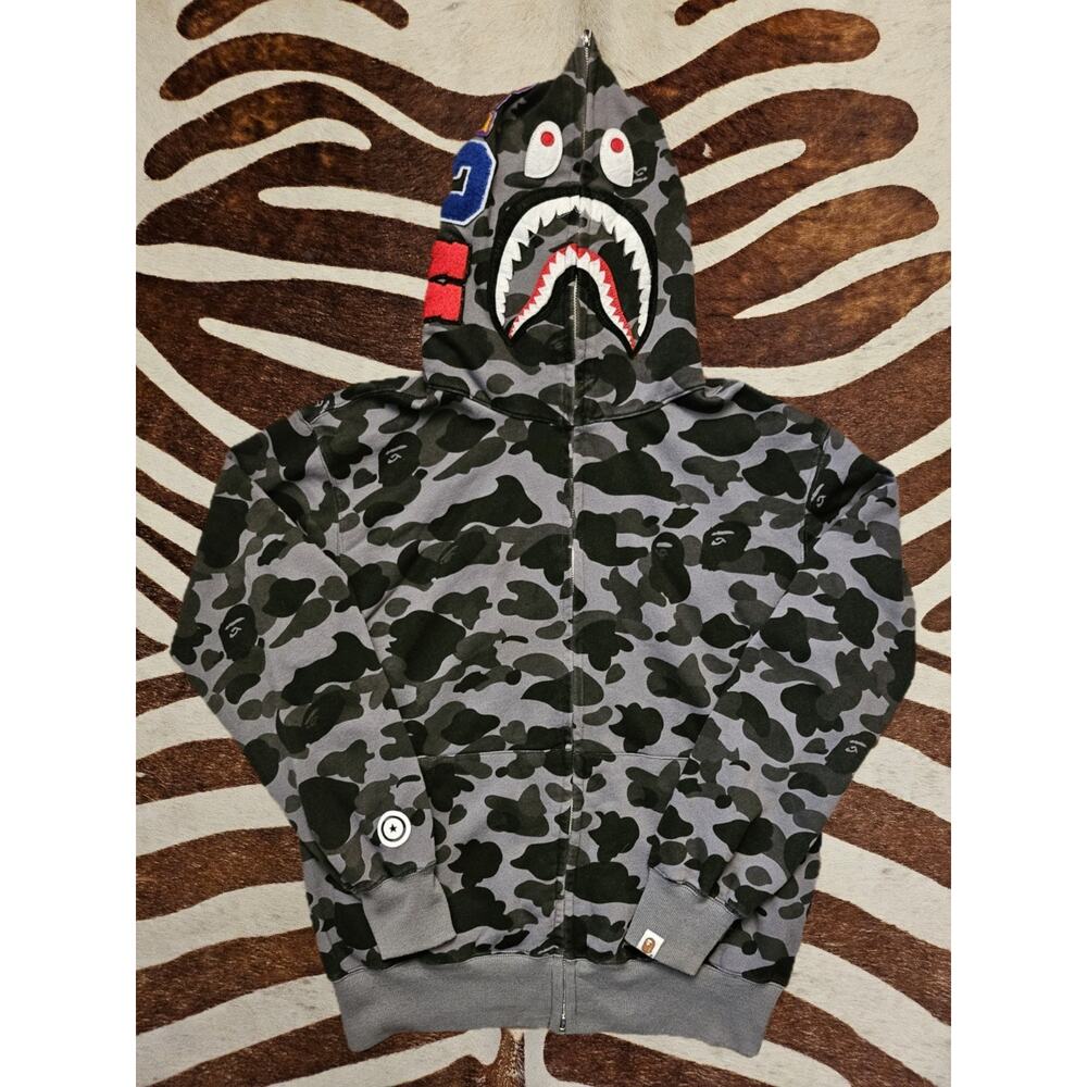 A Bathing Ape Shark Camouflage Full Zip Hoodie Gray Black Sz L